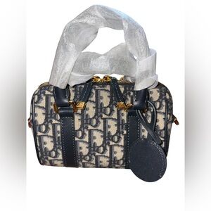 Designer-Inspired Navy & Cream Monogram Satchel